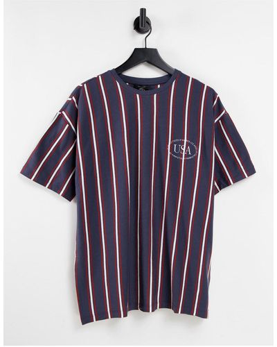 New Look Vertical Striped T-shirt With Us Embroidery - Blue