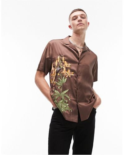 TOPMAN Short Sleeve Relaxed Fit Revere Embroidered Shirt - Brown