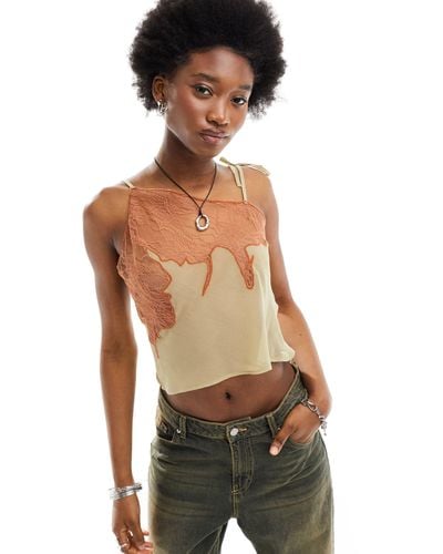 Collusion Sheer Asymmetric Cami Top With Lace Detail - Natural