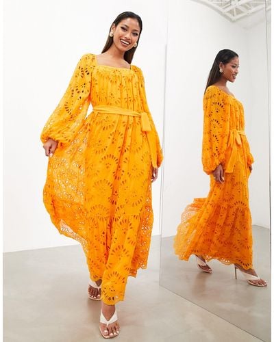 ASOS Broderie Long Sleeve Maxi Dress With Belt - Orange