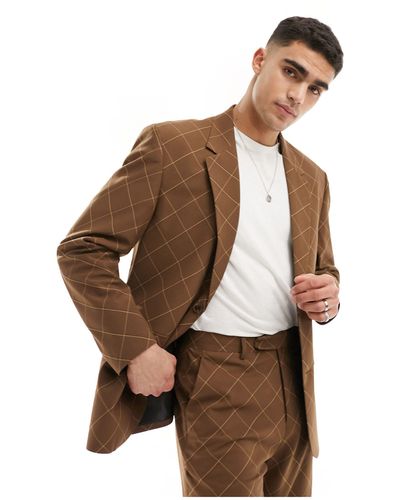 ASOS Relaxed Bias Cut Check Suit Jacket - Brown