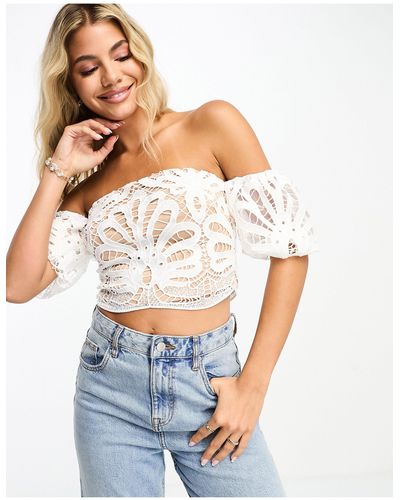 Lipsy Cutwork Lace Embroidered Bardot Top - White