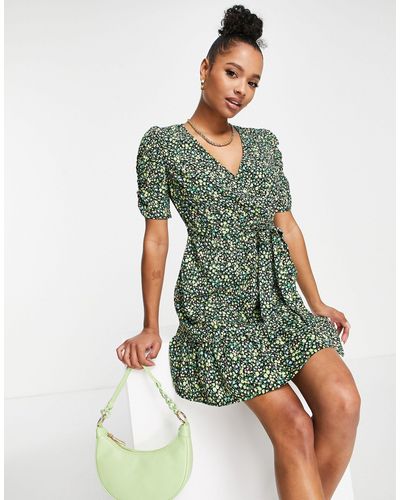 New Look New Look Ruched Sleeve Wrap Mini Dress - Green