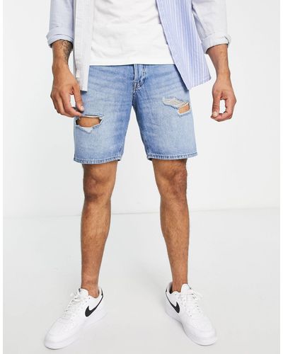 Jack & Jones Intelligence - Ruimvallende Denim Short Met Scheuren - Blauw