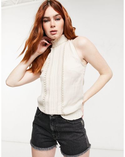 Oasis Lace Trim Shirred Neck Top - Natural