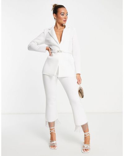 ASOS Jersey Suit Trousers With Diamante Fringe Detail - White