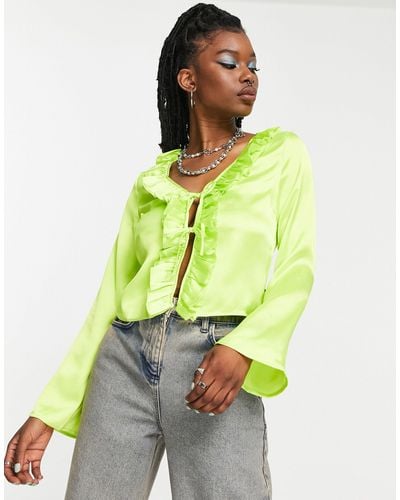 Collusion Long Sleeve Tie Front Ruffle Top - Green