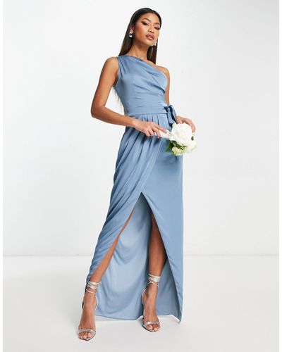 TFNC London Bridesmaids One Shoulder Maxi Dress With Pleated Detail - Blue