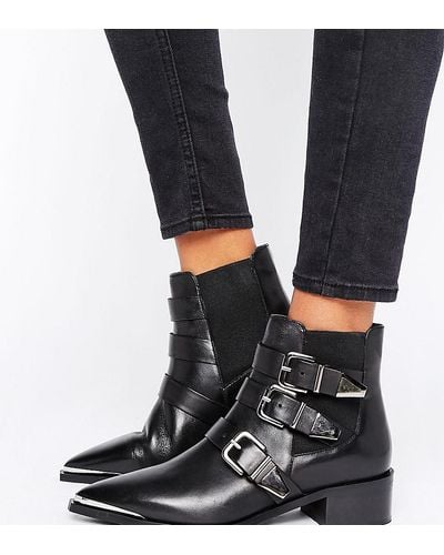 Office Aggy Black Leather Buckle Strap Point Ankle Boots