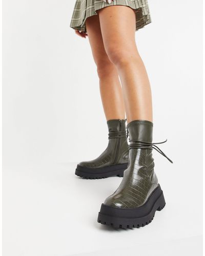 Public Desire Finale Chunky Flat Ankle Boots With Tie - Green