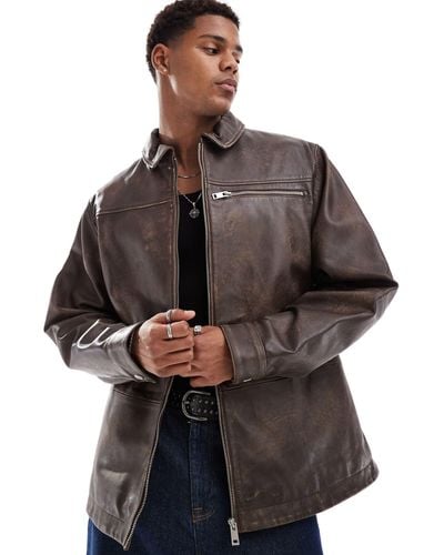 ASOS Real Leather Oversized Distressed Harrington Jacket - Gray