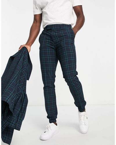 ASOS Smart Skinny Crepe Check Trousers With jogger Cuff - Blue