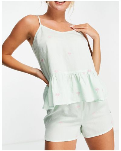 Y.A.S Exclusive Embroidered Palm Cami Top And Flutter Short Pyjama Set - Green