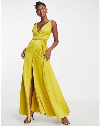 ASOS Satin Wrap Maxi Dress With Self Tie Waist - Yellow