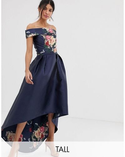 Chi Chi London Bardot Neck Prom Dress With High Low Hem - Blue
