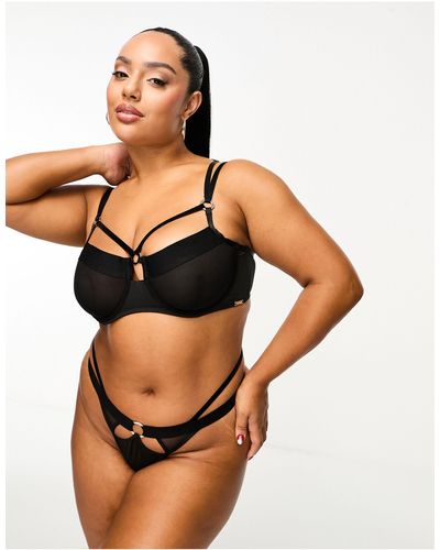 We Are We Wear Curve Mesh And Velvet Mix Strappy Thong - Black
