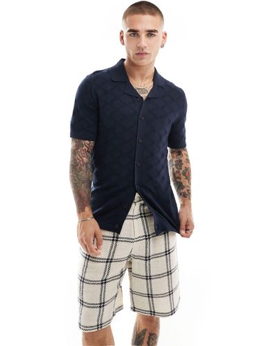 Threadbare Knitted Short Sleeve Revere Collar Shirt - Blue
