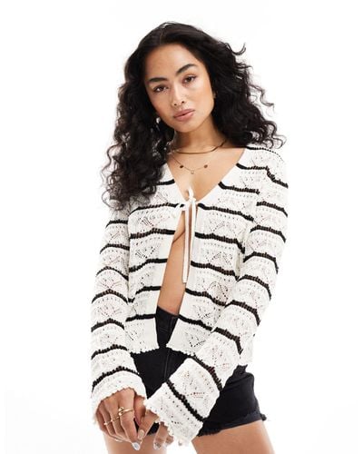 New Look Knitted Stripe Tie Front Cardigan - White