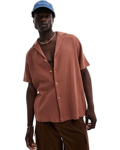 ASOS Short Sleeve Relaxed Deep Revere Cotton Basket Texture Shirt - Brown
