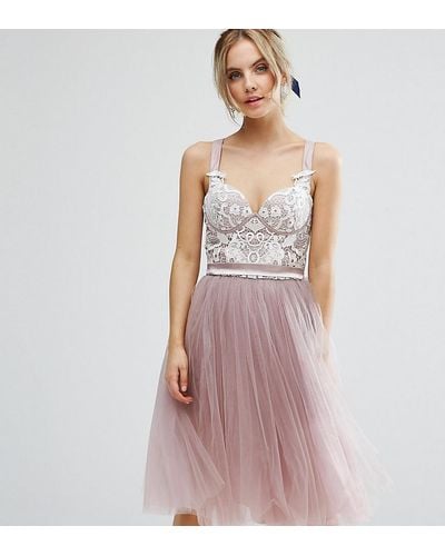 Chi Chi London Chi Chi Petite Contrast Lace Corset Top Tulle Skirt Prom Dress - Pink