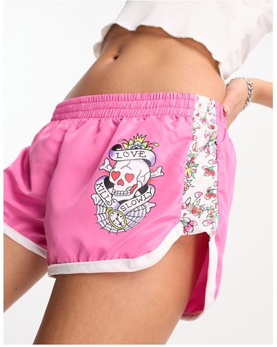 Ed Hardy – knappe jersey-shorts mit logo-grafikprint - Pink