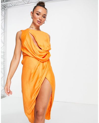 ASOS Drape Bodice Midi Dress With Split Detail - Orange