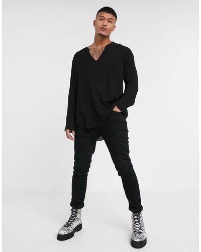 ASOS Regular-fit Overhemd Zonder Sluiting Van Gekreukt Viscose - Zwart