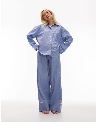 Topshop Unique Pyjama avec pantalon et chemise en coton à rayures - ton sur ton - Bleu