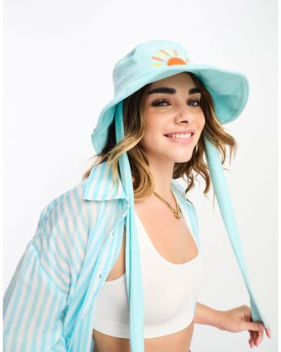 South Beach Towelling Bucket Hat With Ties - Blue