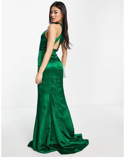 Yaura Vestido largo verde esmeralda con espalda al aire