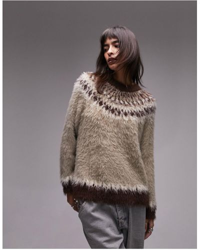 TOPSHOP Knitted Ultra Fluffy Fairisle Jumper - Brown