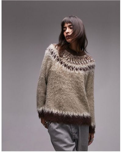 TOPSHOP Knitted Ultra Fluffy Fairisle Sweater - Brown