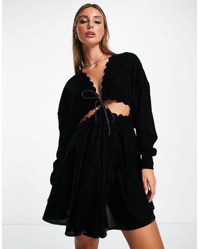 ASOS Velvet Mini Dress With Lattice Edge And Cut Out Waist Detail - Black