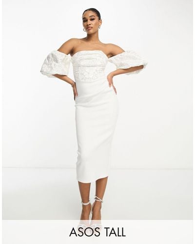 ASOS Asos Design Tall Bardot Puff Sleeve Midi Dress With Floral Sequin Embellishment - White