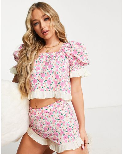 Lost Ink Floral Printed Crinkle Puff Sleeve Top And Shorts Set - Multicolor
