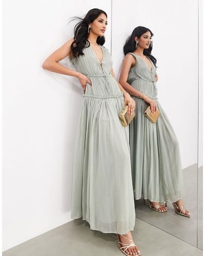 ASOS Sleeveless Chiffon Ruffle Detail Maxi Dress With Ties - Green