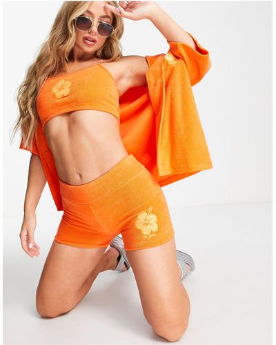 AsYou Mini-short d'ensemble en tissu éponge avec motif fleur - Orange