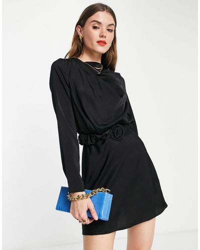 ASOS Drape High Neck Satin Long Sleeve Mini Dress With Scrunchie Belt Detail - Black