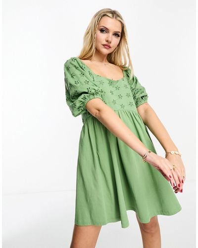 ASOS Broderie Mini Smock Dress With Curve Seam - Green