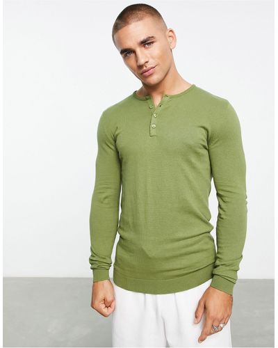 ASOS Knitted Cotton Grandad Polo - Green
