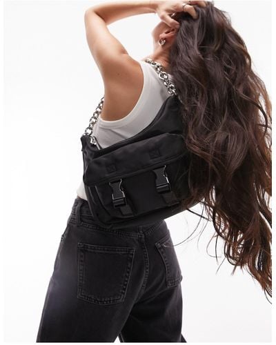TOPSHOP Saffira Nylon Shoulder Bag With Chain - Black