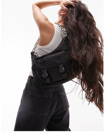 TOPSHOP Saffira - sac porté épaule en nylon avec chaîne - Noir