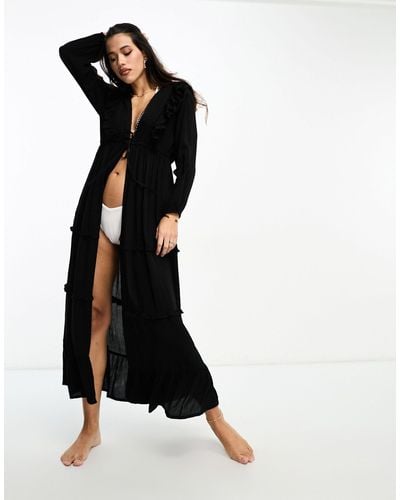 Iisla & Bird Ruffle Tie Front Tiered Long Sleeve Maxi Beach Summer Dress - Black