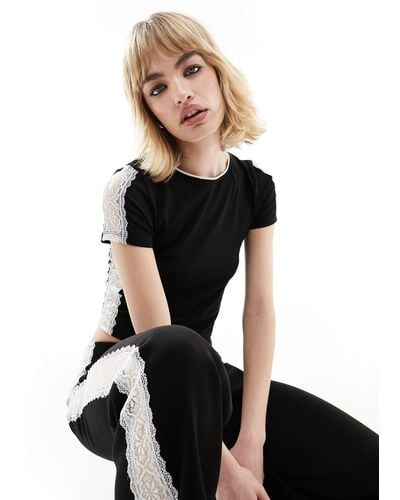 ASOS Baby Tee Co Ord With Lace Contrast - Black
