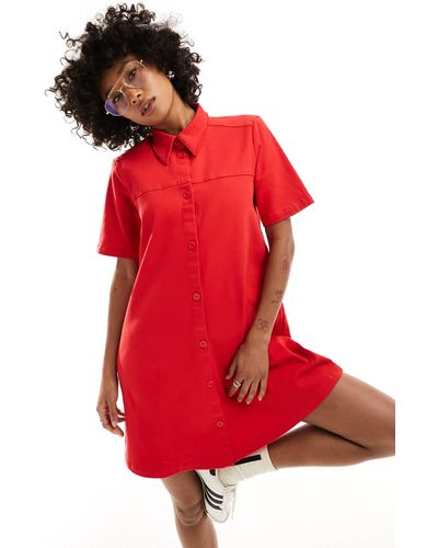 Monki Short Sleeve Button Through Collar Mini Dress - Red