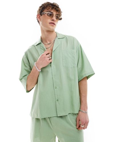Collusion Linen Beach Oversized Revere Shirt Co-ord - Green