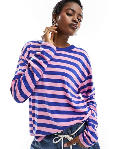 Monki T-shirt à manches longues et rayures - rose et bleu