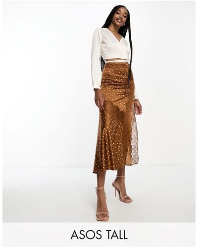 ASOS Asos Design Tall Satin Midi Slip Skirt With Lace Inserts - White