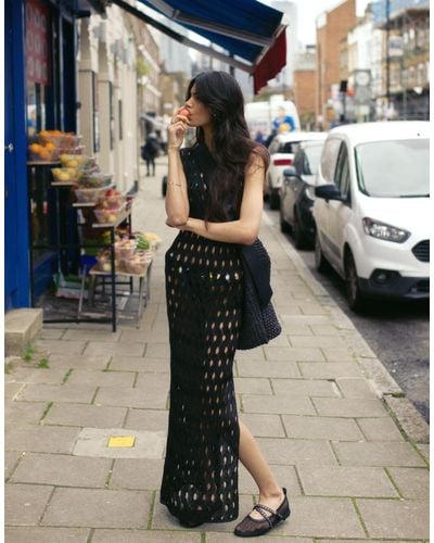 TOPSHOP Knitted Wave Stitch Column Maxi Dress - Black
