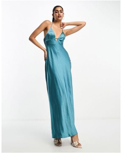 ASOS Textured Satin Cami Maxi Slip Dress With Bar Detail - Blue